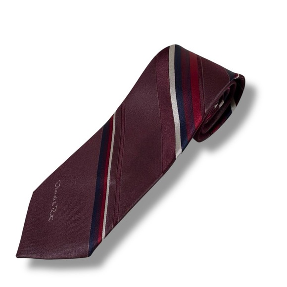 Vintage‎ Oscar De La Renta Tie Maroon Burgundy Striped Silk and Polyester - Picture 1 of 5